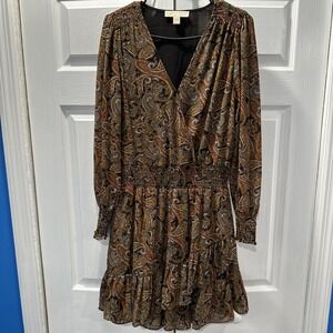 Michael Kors  Dress Paisley Print Smocked Waist Ruffle Long Sleeve Sienna SZ‎ M